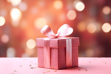 A pink shiny gift box with a satin bow stands on a pink table against a festive pink background. Holiday gift.