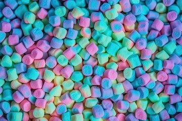 Fototapeta na wymiar Colorful mini marshmallows background with soft pastel tones. Sweet candy texture.