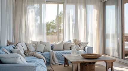 Interior Design Mockup: A coastal living room with soft blue and sand hues, relaxed linen upholstery, driftwood elements, and sheer white curtains