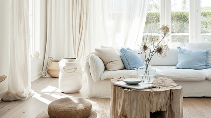 Interior Design Mockup: A coastal living room with soft blue and sand hues, relaxed linen upholstery, driftwood elements, and sheer white curtains