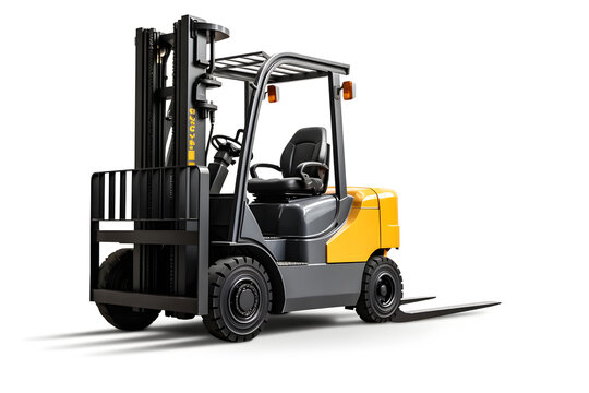 Forklift truck in a warehouse transporting cargo, with a back and yellow color 3D illustration showcasing industrial transportation and storage equipment