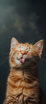 small funny red kitten with tongue hanging out on a dark background, advertising, care