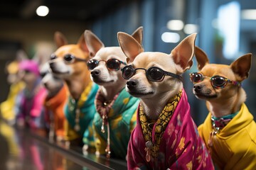 Chihuahuas in colorful attire, lined up, radiating personality and fashion-forward thinking - obrazy, fototapety, plakaty
