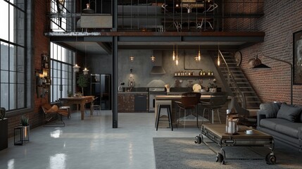 Interior Design Mockup: An industrial loft featuring exposed brick walls, concrete flooring, raw metal shelving, and Edison bulb lighting - obrazy, fototapety, plakaty