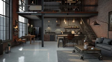 Deurstickers Interior Design Mockup: An industrial loft featuring exposed brick walls, concrete flooring, raw metal shelving, and Edison bulb lighting © PhilipSebastian