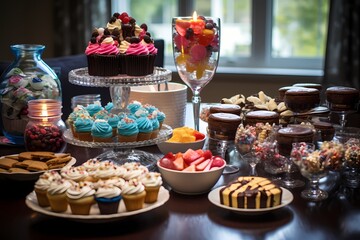 A table set with a delicious spread of birthday treats, from cupcakes to cookies, tempting everyone's taste buds.