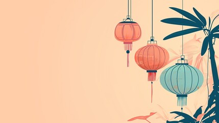 Chinese new year lanterns. traditional oriental style illustration with large copy space. New Year's Atmosphere. Asian Traditional holiday concept.