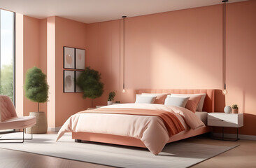 bedroom interior design in modern style, peach color
