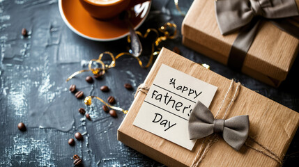 Happy Father's Day inscription on a card on the table, gift, coffee, bow tie, lettering, holiday, congratulation, box, top view, layout, cup, dad, father