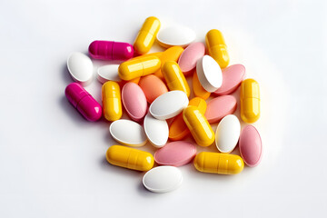 Colorful pills and red and yellow vitamins or capsules arranged on a white background in a close-up shot, representing a mix of medicine and pharmaceutical display