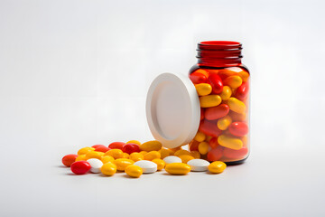 A white pharmaceutical bottle containing various pills for medication, including vitamins, capsules, and tablets