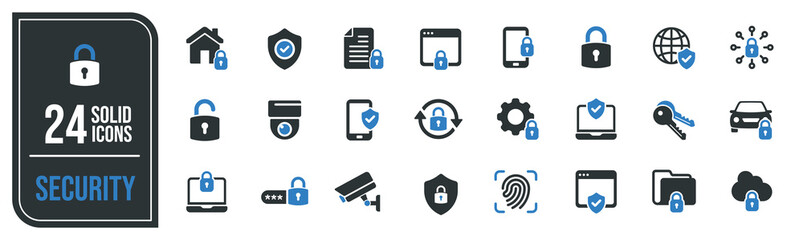 Security solid icons collection. Containing safety, protection, guard, cyber security etc icons. For website marketing design, logo, app, template, ui, etc. Vector illustration.