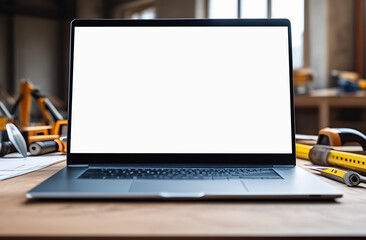 laptop with empty space, construction tools nearby, construction and repair concept