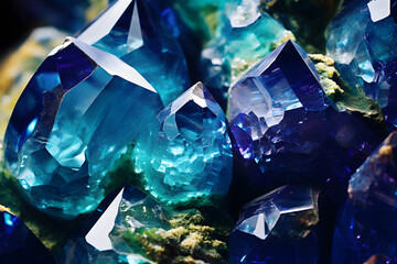 Close up of blue geodes inside crystal rock