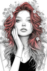 Chic Drawing Portrait Of A Beautiful, a woman with long hair in floral garden