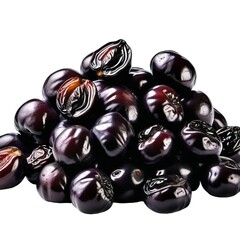 Close-up of fresh black olives on a white background