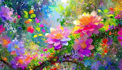 flowers in the garden, vibrant illustration, colorful bloom nature