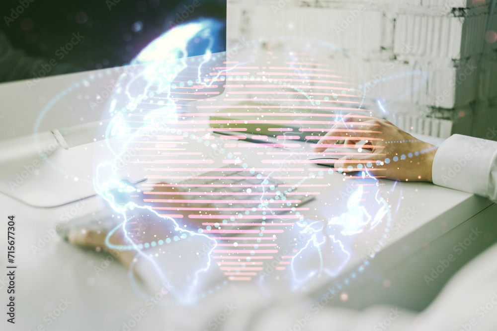 Poster double exposure of abstract digital world map with connections and hand typing on computer keyboard 