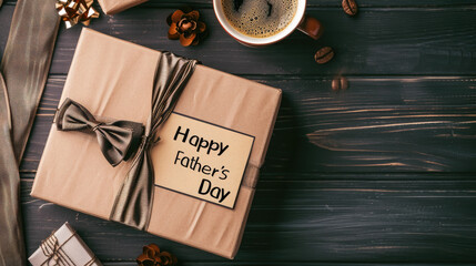 Happy Father's Day inscription on a card on the table, gift, coffee, bow tie, lettering, holiday, congratulation, box, top view, layout, cup, dad, father