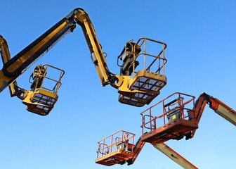 Two aerial working platforms of cherry pickers in front of other two. Blue sky background.
