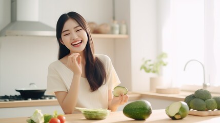 Beautiful teenage girl eating Avocado healthy food diet concept, personalized nutrition food plant of fresh vegetable salad meal, top view photo with space for texts