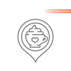 Cafe location map pin icon. Coffee mocha cup outline vector.