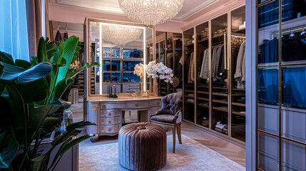 Interior Design Mockup: A glam dressing room with a mirrored vanity, a plush velvet pouf, a crystal chandelier, and a walk-in closet