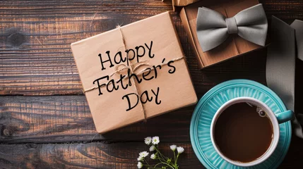 Fotobehang Happy Father's Day inscription on a card on the table, gift, coffee, bow tie, lettering, holiday, congratulation, box, top view, layout, cup, dad, father © Julia Zarubina