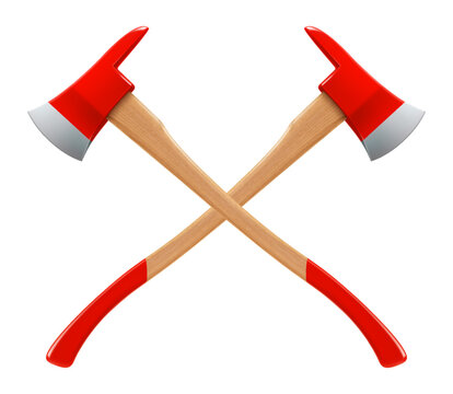 Crossed firefighter axes isolated on white background. Realistic 3d vector illustration
