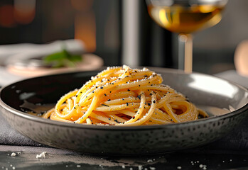 Closeup cacio e pepe pasta on a black plate, with a glass of white wine in the background
