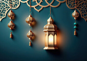 lamp ornaments, lantern properties decorated with attractive colors, charming candle light, the concept of Ramadan and Eid.