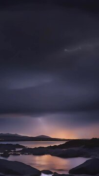 lightning storm illuminating a silhouetted landscape. ai generative