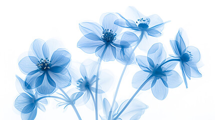 Forget-me-nots on a white background. Minimalistic flowers with transparent petals. Abstract illustration.