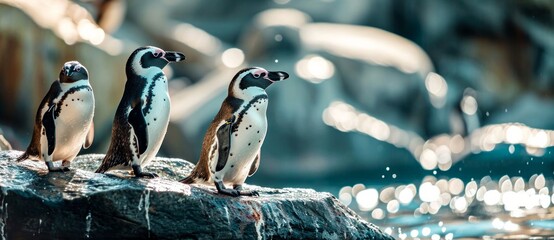 Two flightless adaalie penguins stand on a rocky outpost, their sleek feathers glistening in the sunlight, showcasing the beauty and resilience of these beloved aquatic birds in their natural habitat