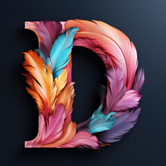 The letter d is made up of colored feathers.
