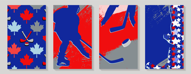 Hockey cards with silhouettes of hockey players in shades of dark blue and red