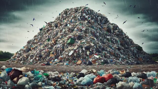 A huge mountain of garbage with flying birds and rain. Environmental pollution, climate change.