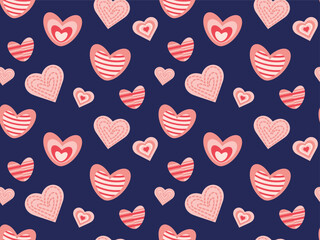 Seamless pattern with pink and red hearts of different shapes on a blue background. vector illustration for wrapping paper, textile, wallpaper.