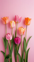 Eco friendly orange and pink tulips on a pastel pink background. Perfect for Valentine's Day, Mother's Day, or a flower shop banner. Green ethical growing. Copy space available.