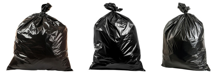Three black plastic garbage bags tied closed, isolated on transparent background, waste disposal concept