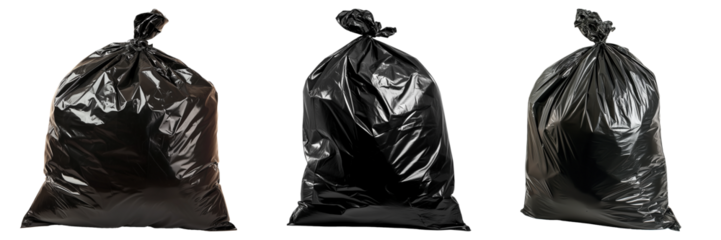 Three black plastic garbage bags tied closed, isolated on transparent background, waste disposal concept