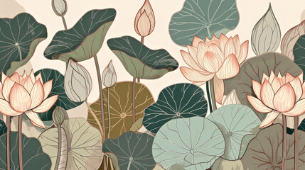 Flat illustration of a tranquil lotus pond in subdued green and ivory hues. The muted palette enhances the serenity, capturing the peaceful beauty with simple elegance. - obrazy, fototapety, plakaty