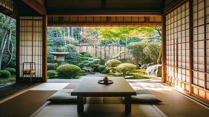 Interior Design Mockup: A Japanese-style tea room with tatami mats, sliding shoji screens, a low wooden table, and a tranquil Zen garden view - obrazy, fototapety, plakaty