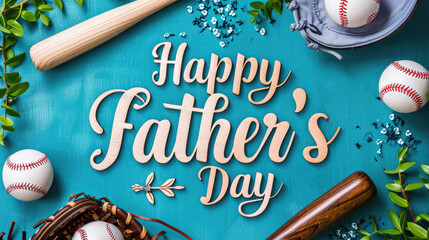 Happy Father's Day inscription on a colored background framed by items for baseball, bat, glove, ball, postcard, sport, holiday, congratulation, family, hobby, dad - obrazy, fototapety, plakaty
