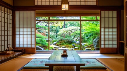 Interior Design Mockup: A Japanese-style tea room with tatami mats, sliding shoji screens, a low wooden table, and a tranquil Zen garden view