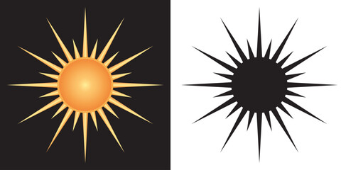 Retro gold, black, Sun burst shapes. Vintage light starburst logo, labels, badges. Set of sun icons, vector. Sunburst minimal logo frames. Vector firework design elements.
