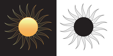 Set of gold, black sun icons. Retro gold, black, Sun burst shapes. Vintage light starburst logo, labels, badges. Sunburst minimal logo frames. Vector firework design elements.