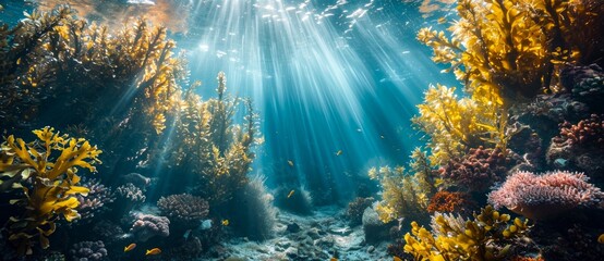 Nature's underwater oasis glows with the warm embrace of the sun, revealing the intricate world of marine biology amidst vibrant coral and dancing seaweed