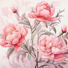 Pale pink peonies on an elegant, fresh watercolor background, vivid, colorful illustration. Retro, vintage style.	