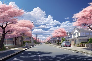 Fototapeta na wymiar The road is lined with rows of blooming spring cherry blossoms, the sky is clear blue